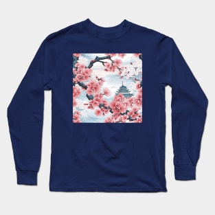 Cherry Blossom, Sakura wit Japanese Temple Long Sleeve T-Shirt